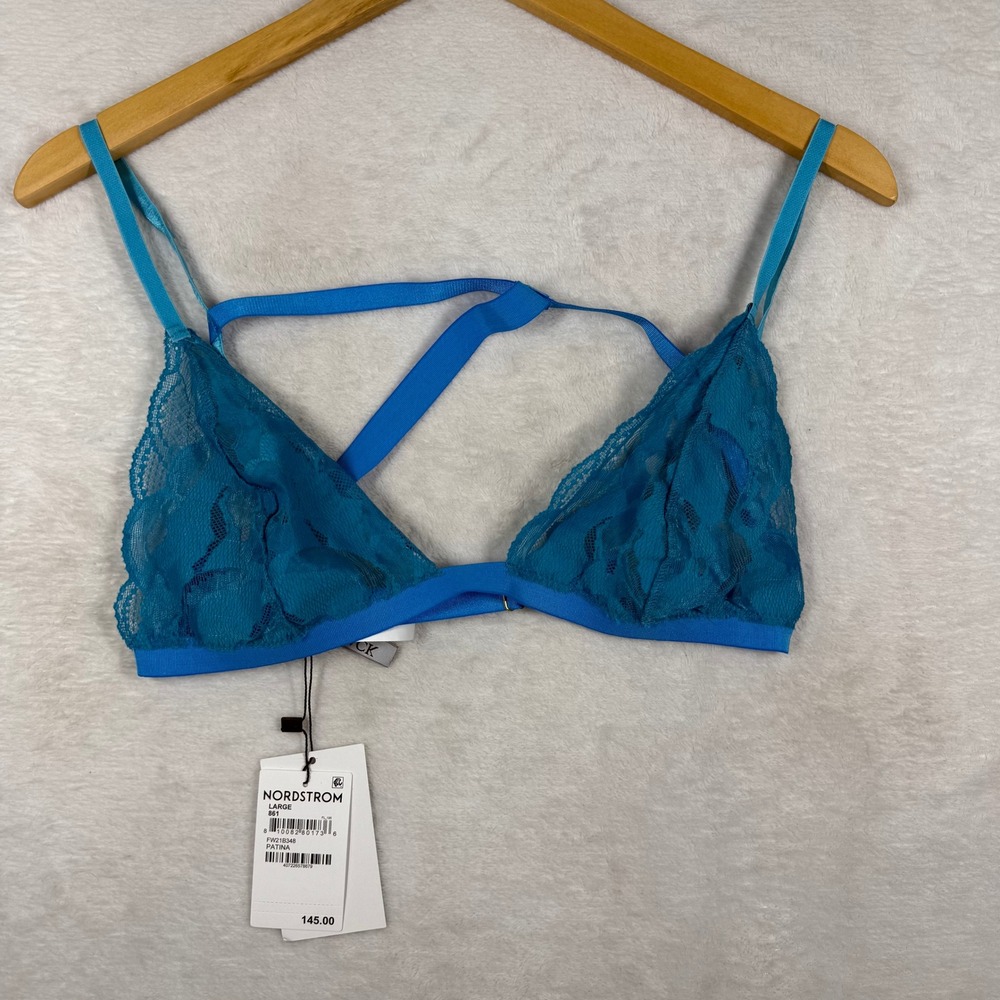 Suzy Black NYC Patina Blue Lace Strappy Back Bralette FW21B348 Large New